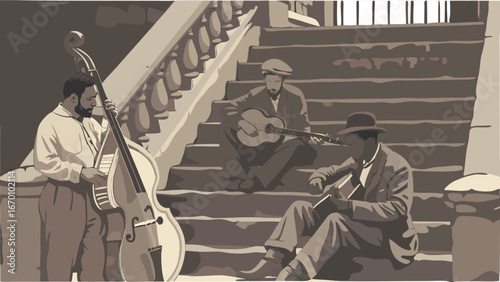 Vintage Street Musicians Playing Instruments on Steps Sepia Tone Illustration.