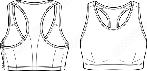 Sports bra technical sketch, front and back view, racerback design, high neck, contour seams, flat vector, CAD drawing, illustration