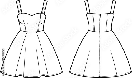 Spaghetti strap mini dress with sweetheart neckline and fitted bodice fashion technical drawing flat sketch vector illustration for Adobe Stock