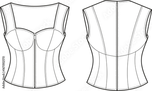 Strapless corset top with sweetheart neckline and fitted bodice fashion technical drawing flat sketch vector illustration for Adobe Stock