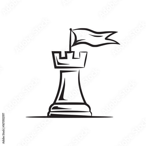 A black and white drawing of a chess rook with a flag on top in a simple vector style design