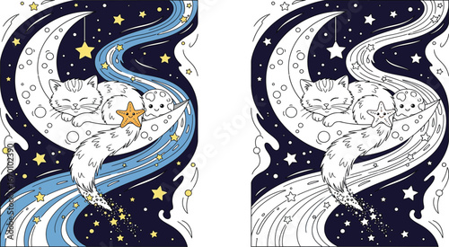 Sleeping Cats on a Moon with Stars - Dreamy Night Sky Coloring Page Illustration