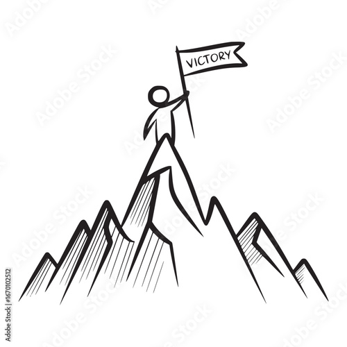 Fotografie Stick figure on top of a mountain holding a victory flag in a black and white dr