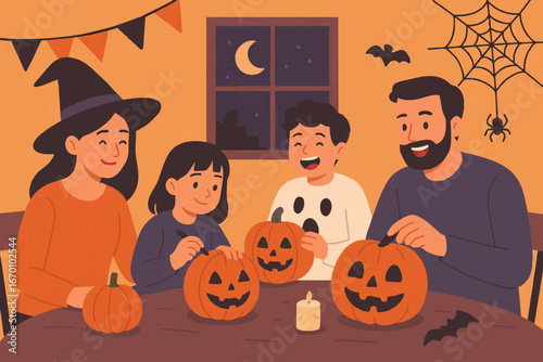 Obraz na płótnie Flat design illustration of a family carving pumpkins together at home for Halloween