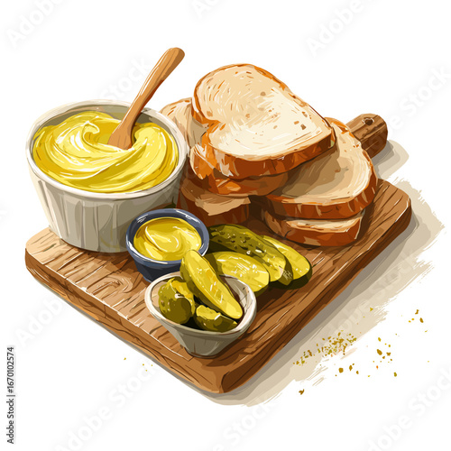 Breakfast Board with Bread, Pickles, and Mustard Spread