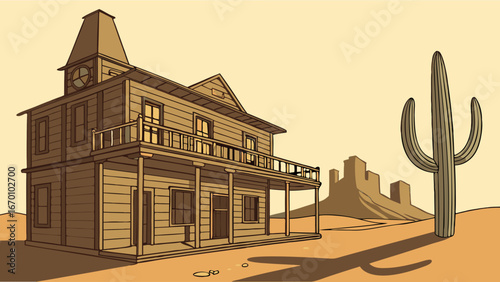 Vintage Western Saloon Building in Desert Landscape with Cactus Illustration.