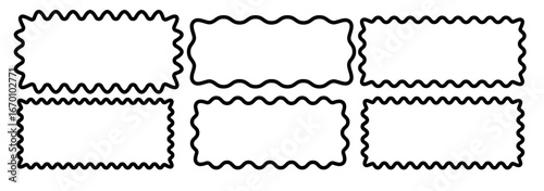 Minimalist black and white wavy rectangular frames set. Curved edge vector tags, labels, stamps, coupons. Isolated flat design elements for graphic design and branding