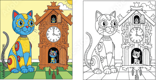Steampunk Robot Cat and Cuckoo Clock with Kitten - Unique Coloring Page Illustration