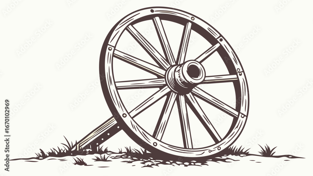 Fototapeta premium Vintage Wooden Wheel on the Ground Rustic Design Element Retro Illustration Spoke Wheel Farm Western Old Wheel Carriage Wheel Wagon Wheel Transportation History Graphic Design Vector Illustration.