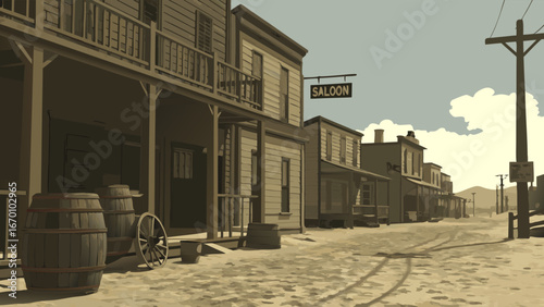 Vintage Western Town Street Scene Saloon Desert Wild West Illustration.