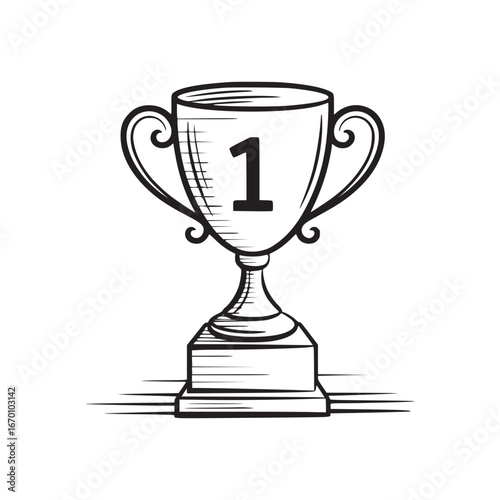 A simple drawing of a trophy with the number one on it in black and white with a white background