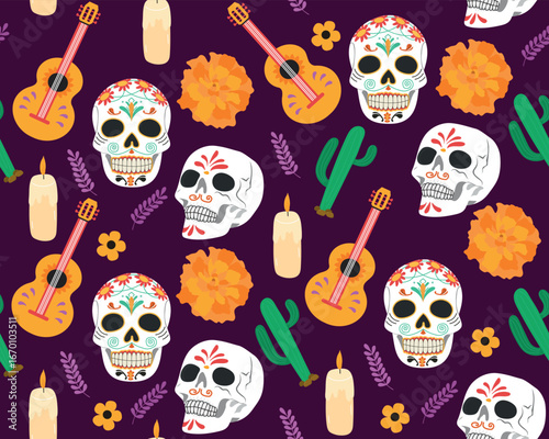 Dia de los Muertos seamless pattern with skull, flowers, candles. Day of the Dead vector illustration for textile, wallpaper, wrapping.
