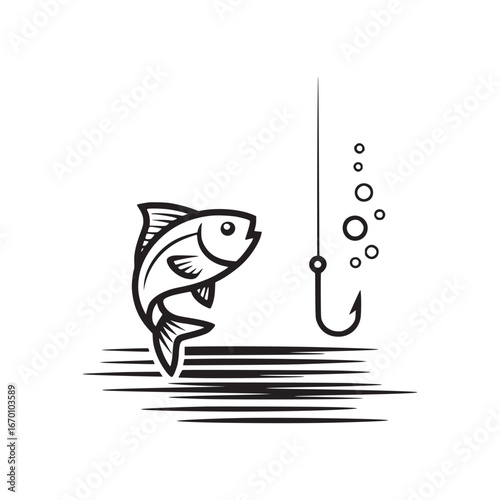 A stylized graphic of a fish swimming toward a fishing hook with bubbles in a black and white design