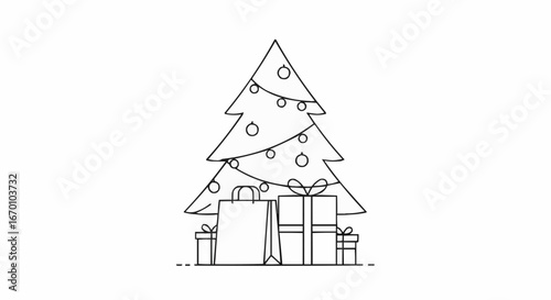 Christmas tree with gifts and decorations in minimalist line art  
