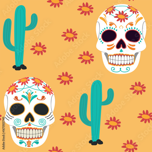 Dia de Muertos Seamless Pattern. Decorated skull, flowers and cactus on yellow background. Mexican vector illustration