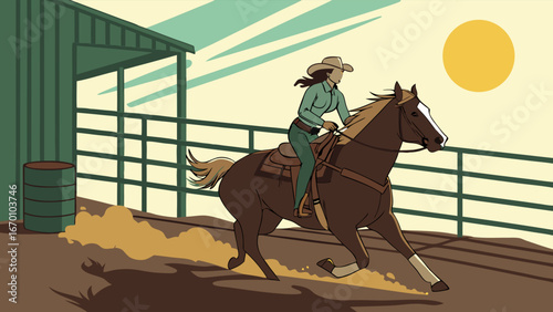 Woman riding a horse in a rodeo arena western illustration equestrian sport cowgirl sunny day dust speed action competition.