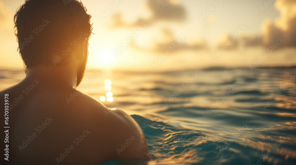 Fototapeta premium Man enjoys sunset while swimming in calm ocean waters at dusk