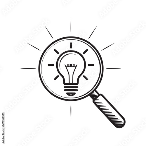 A sketch of a lightbulb inside a magnifying glass with radiating lines on a white background