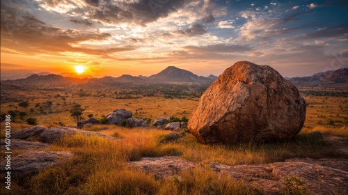 The beauty of nature at dawn, rocky plain stretching endlessly, single massive boulder glowing under the rising sun golden warmth
