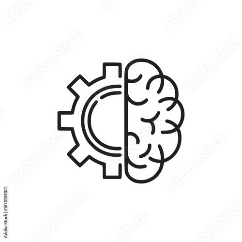 Illustration of a brain and gear combination in black outline on a white background design concept art