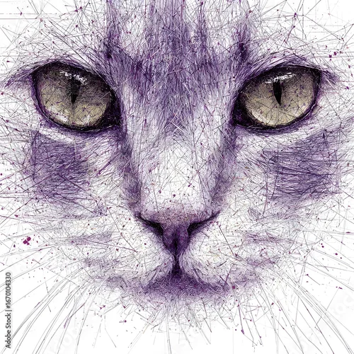 Fototapeta Whimsical Cat Portrait: Intricate Feline Art with Expressive Eyes in Purple Hues - Unique Pet Lover Gift