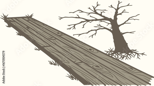 Wooden Plank Path Near a Bare Tree Nature Illustration Vector Graphic.