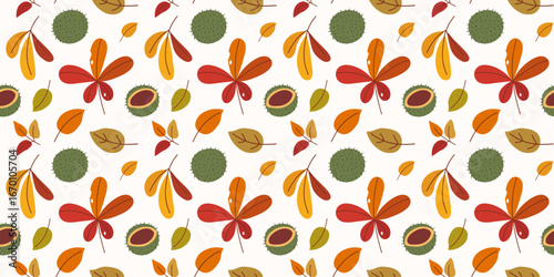 Horizontal autumnal seamless pattern with different chestnut and simple leaves, prickly nut. Bright flat vector illustration. Creative solution for background, fabric print, web, packaging, wallpaper.
