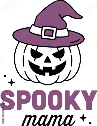 Spooky mama creepy mom Halloween fall season magic fun weird mother funny shirt design logo. Cute pumpkin wearing hat magical witchy theme purple whimsical aesthetic printable text drawing clipart.