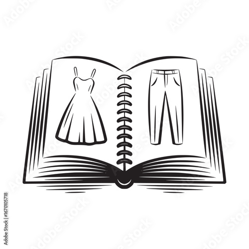 Open book with dress and pants drawings on pages showing fashion design and clothing styles guide idea