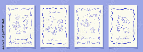 Set summer vertical cards in sketch italian style on white backdrop. Underwater flora and fauna in wavy and curly frames. Blue rough ink lines. Creative solution for posters, social media, cover