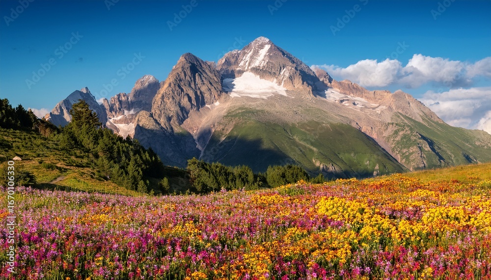 Obraz premium majestic mountain peak surrounded by colorful clouds and mystical atmosphere