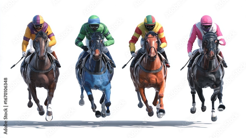 Fototapeta premium Four jockeys in colorful silks riding powerful racehorses at a full gallop