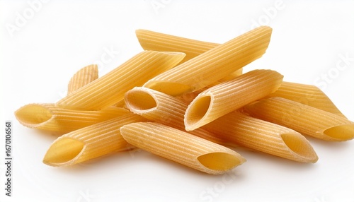pieces of uncooked penne pasta isolated white background