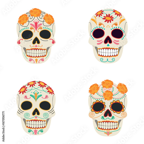 Mexican skull set on white background. Vector collection for Day of the dead
