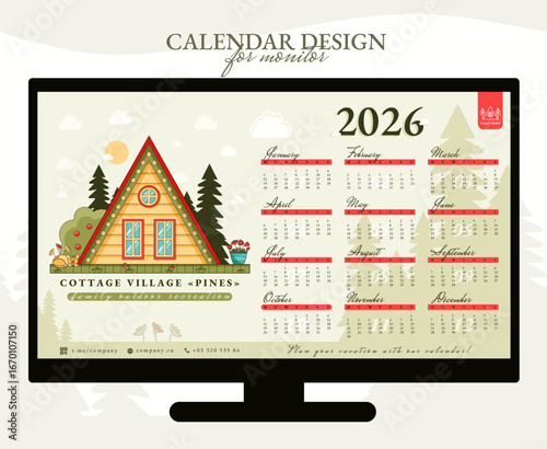 Desk Calendar 2026 template. Monitor Calendar. Calendar design for monitor with wooden A-frame house. Calendar for recreation centers, tourist bases, and cottage settlements.