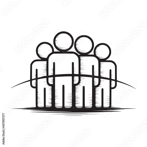 Illustration of a group of four stylized people standing together in a simple black and white design