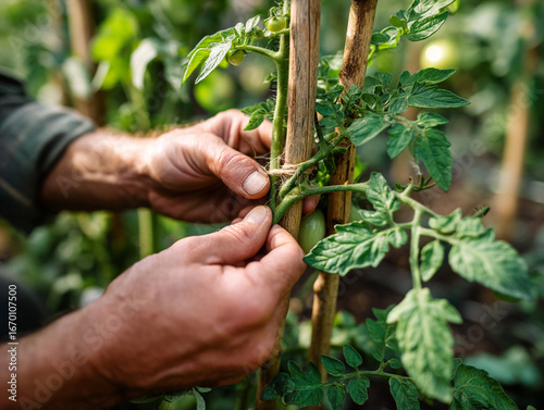 Gardening expert ties tomato plant to support stake for healthy growth during summer season