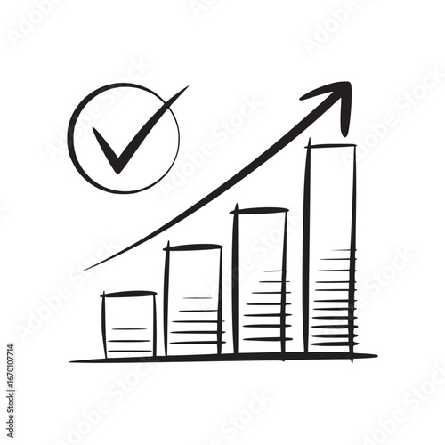 Hand drawn growth chart with checkmark and arrow pointing upwards indicating success and progress