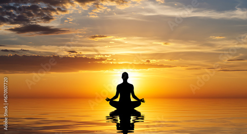 Silhouette meditating person calm ocean sunset yoga
