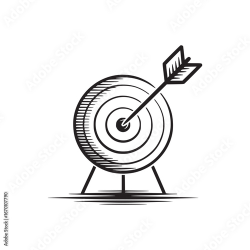 Illustration of a target with an arrow in the bullseye on a stand in black and white color scheme