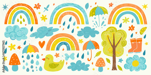 Cheerful Spring Rain Scene with Rainbows Umbrellas and Duckling illustration