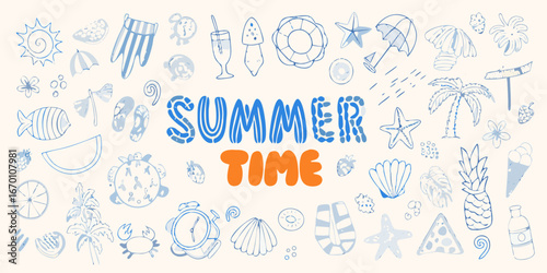 Extensive Collection of Hand- Drawn Summer Icons and Text " Summer Time illustrations