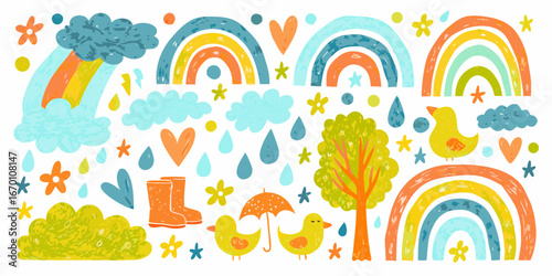Whimsical Spring Scene with Rainbows Ducklings and Rain Boots illustration