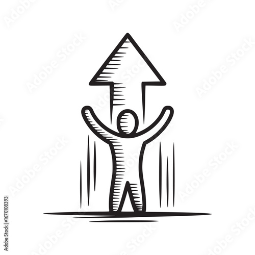 Illustration of a person with arms raised under an arrow pointing upward in black and white style
