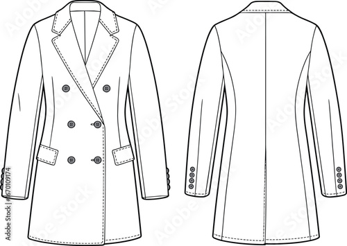 Double breasted women's coat fashion flat sketch, technical drawing, vector template, front and back view, winter apparel design