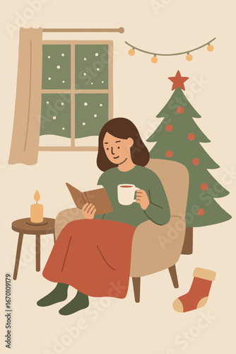 Flat vector illustration of a woman relaxing with a book and hot drink by the window during Christmas.