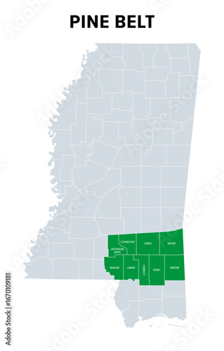 Pine Belt, also known as Piney Woods, a region in Southeast Mississippi, political map. The region get its name from longleaf pine trees, abundant in nine counties, in the map highlighted in green.