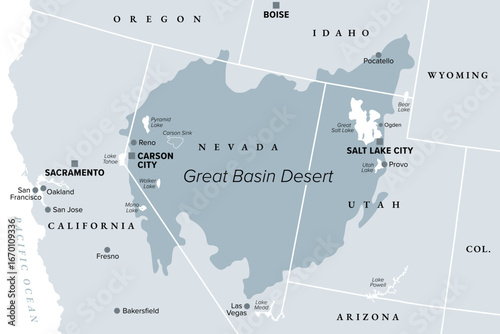 Great Basin Desert, in the western United States, gray map. Temperate desert with hot, dry summers and snowy winters, spanning large portions of Nevada and Utah, extending into California and Idaho.