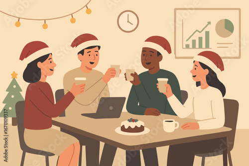  Vector illustration of friends celebrating Christmas at home with festive drinks and decorations.