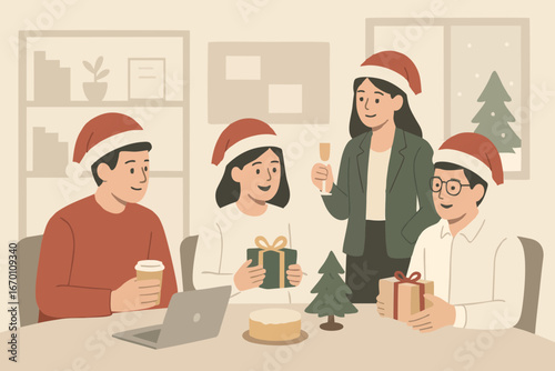  Flat illustration of colleagues celebrating Christmas office party with drinks and gifts.